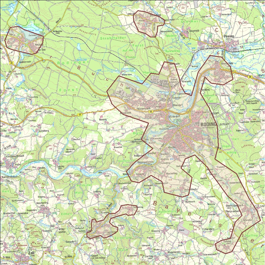 Übersichtskarte des Kanalnetzes im Entsorgungsgebiet der Städtischen Betriebe Roding