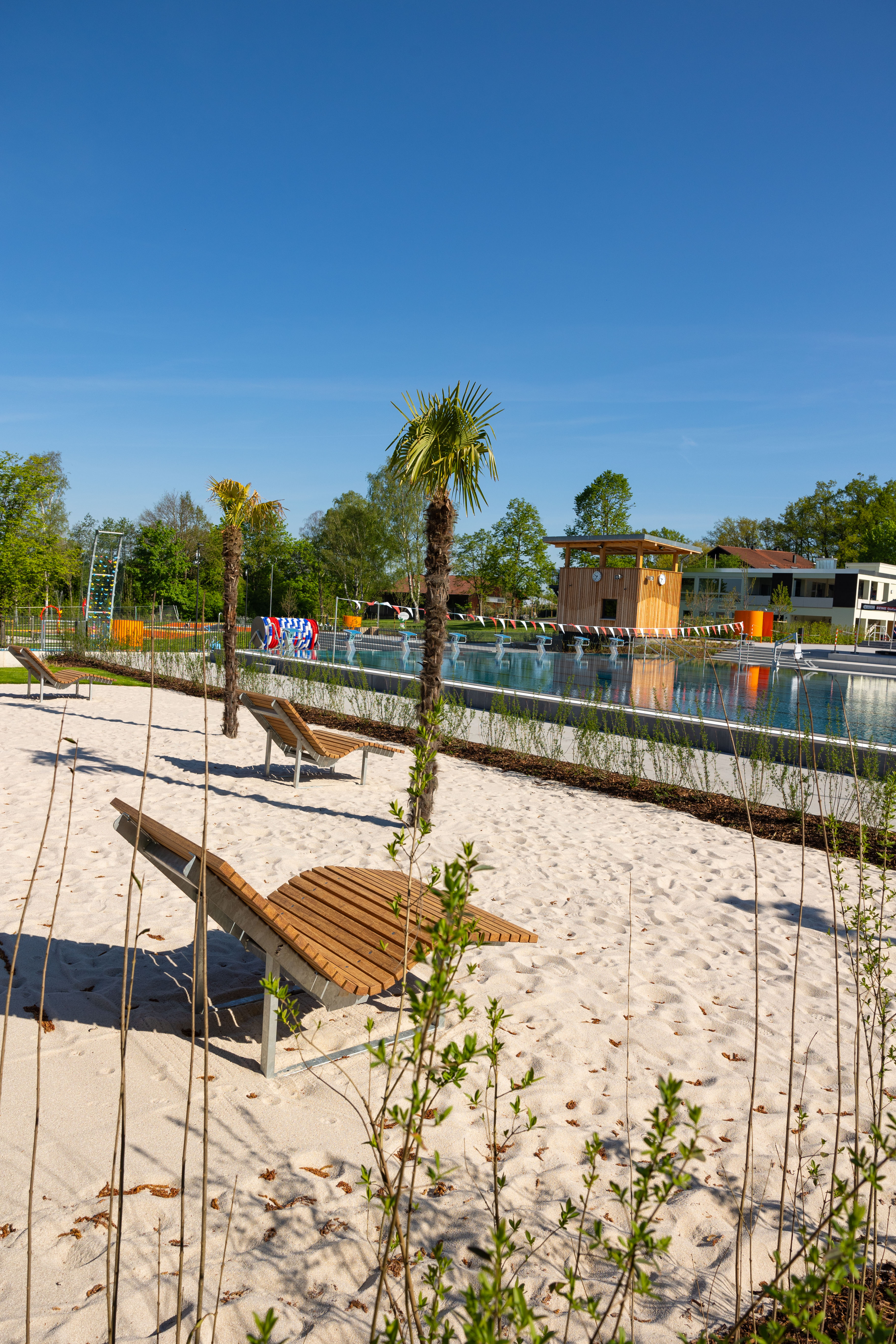 Sonnenliegen auf Sand mit Palmen und Schwimmbecken im Hintergrund