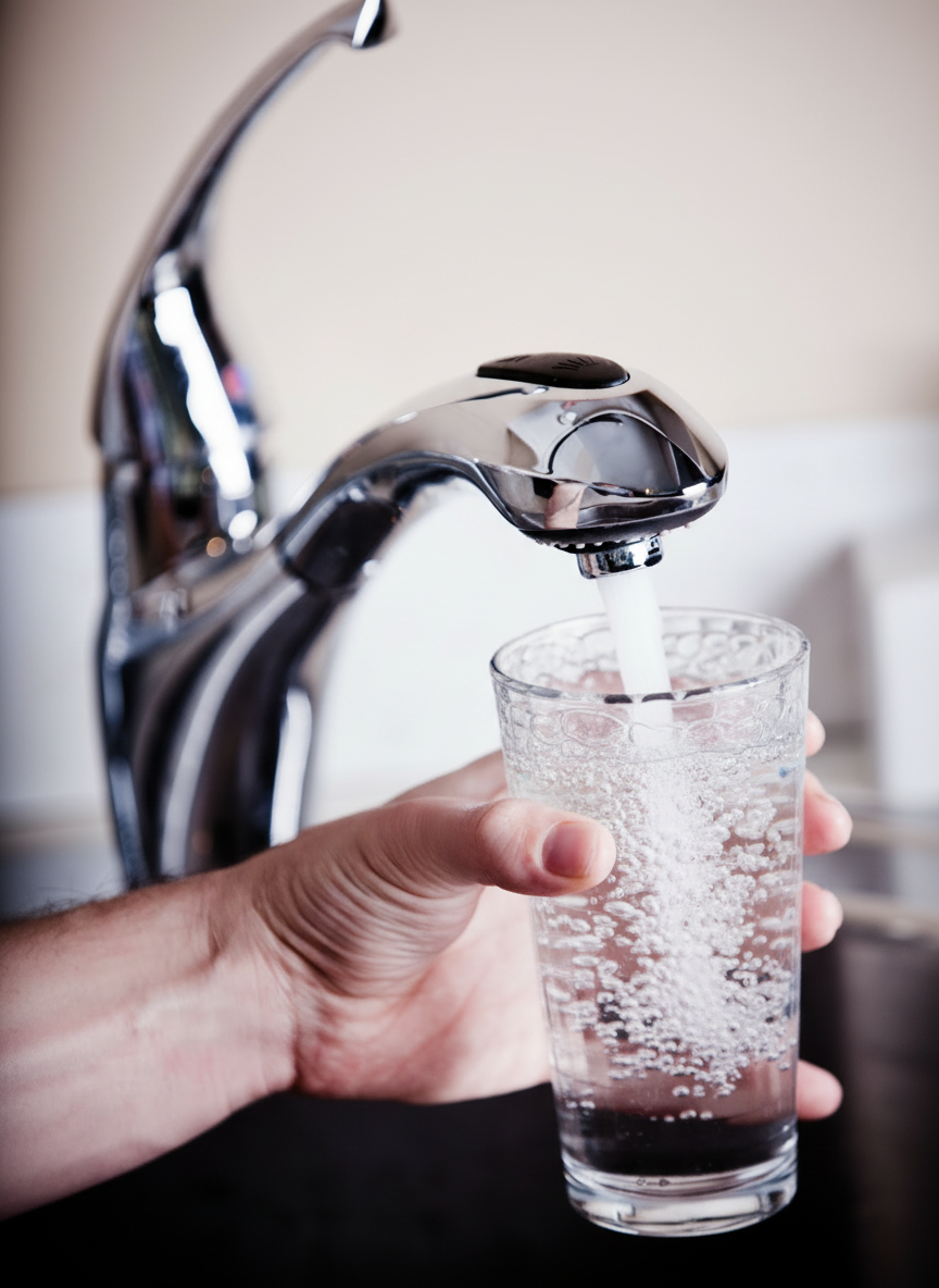 Mann füllt ein Glas mit frischem Trinkwasser