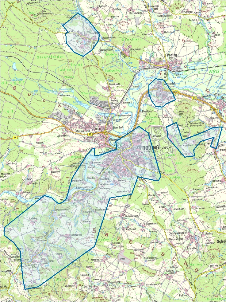 Übersichtskarte des Wasserversorgungsgebiets der Städtischen Betriebe Roding mit eingezeichneten Teilnetzen